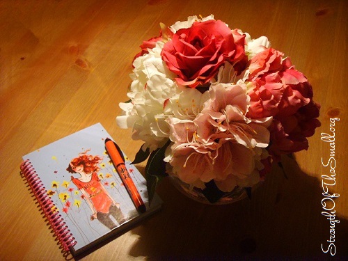 Notepad, Fountain Pen & a Vase with Artificial Peony.