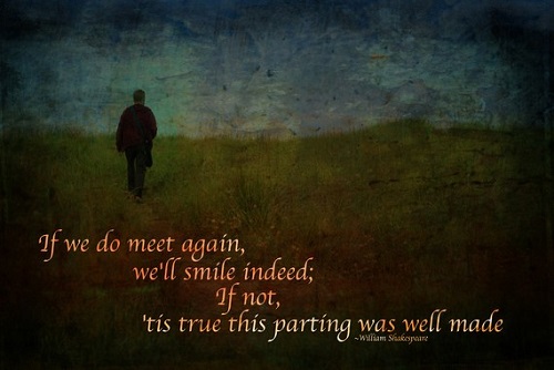 "If we do meet again, we'll smile indeed; If not, 'tis true this parting was well made." - William Shakespeare