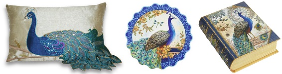 1. Peacock Pillow. 2. Peacock Paper Coaster Set. 3. Peacock Double Deck Playing Cards.